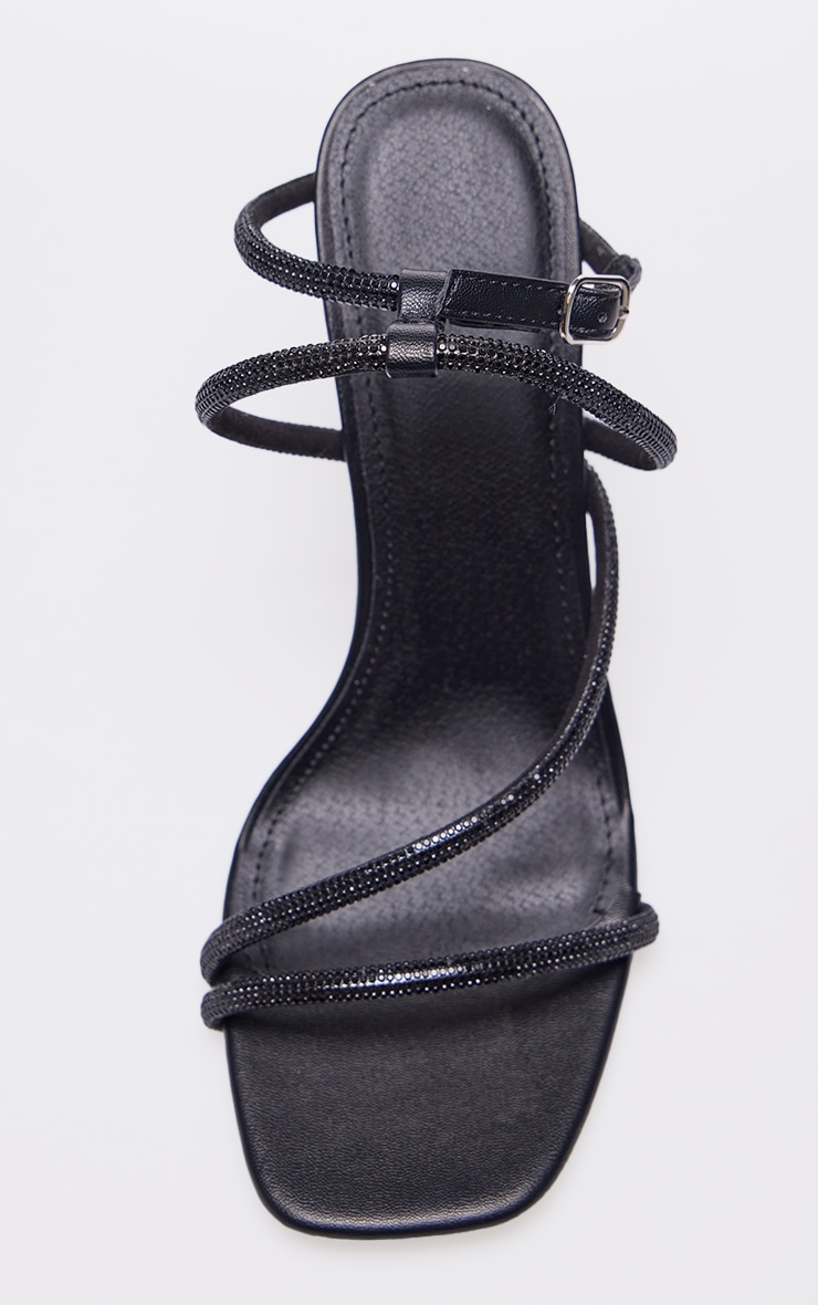 Black PU Square Toe Diamante Asymmetric Strap High Heels image 3