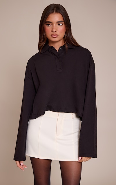 Black Cotton Polo Collar Long Sleeve Crop Top