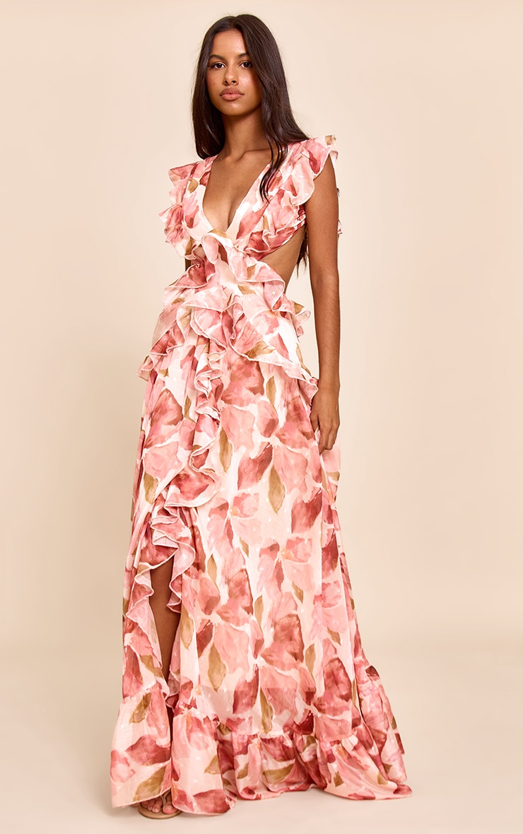 Petite Blush Floral Frill Maxi Dress image 3