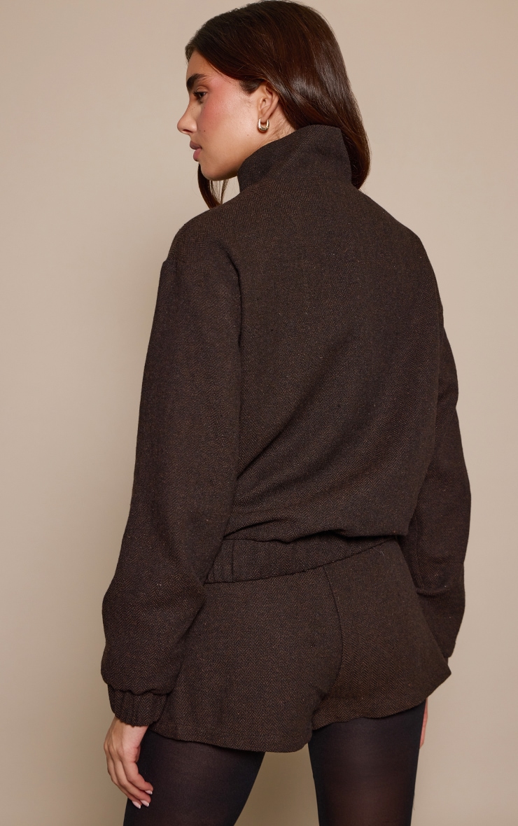 Brown Herringbone Tailored Mini Shorts image 3