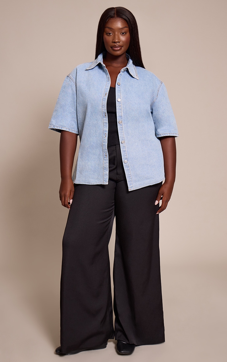 Plus Light Blue Wash Fabric Covered Button Detail Denim Shirt image 3