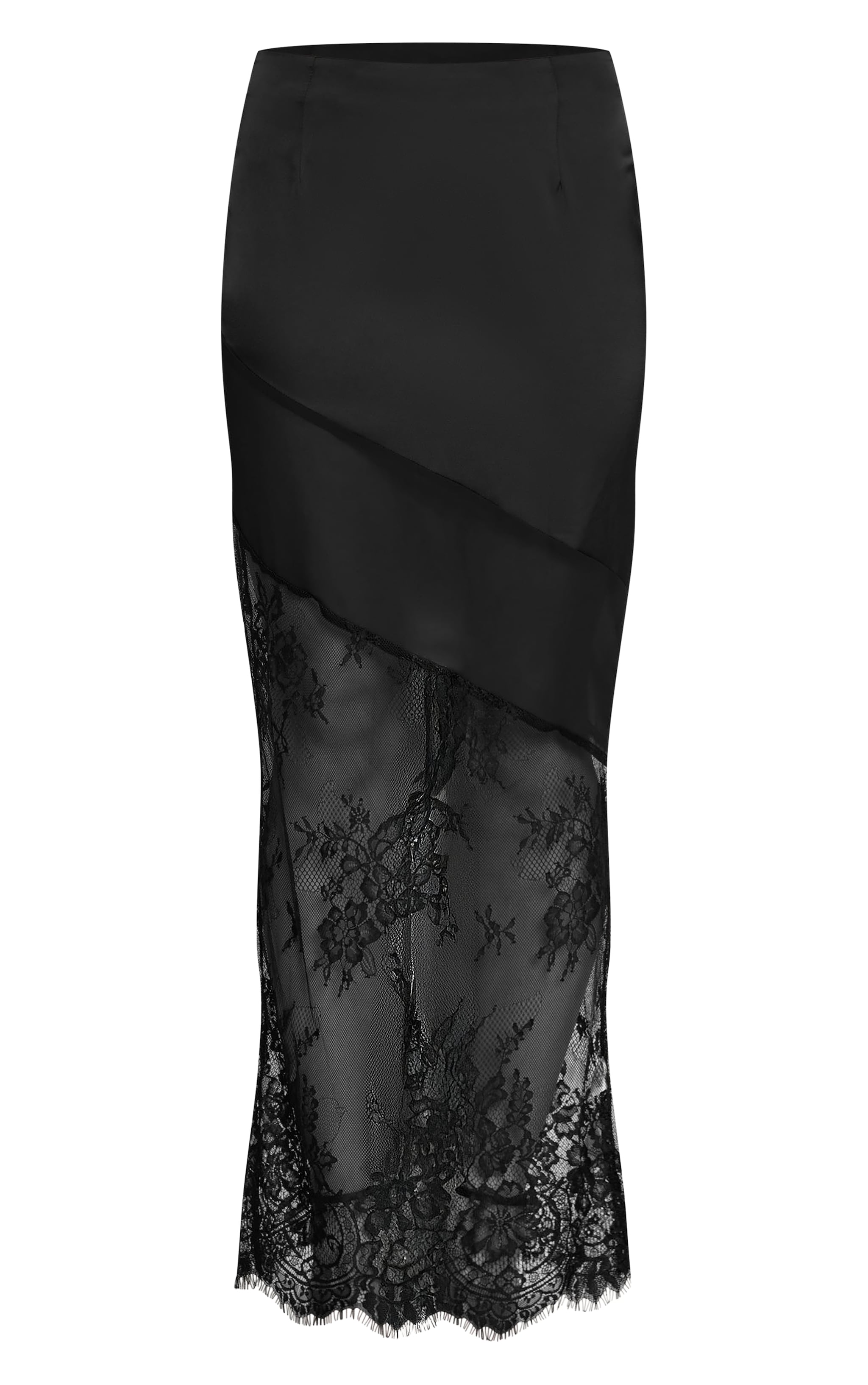 Black Satin Contrast Chiffon Lace Maxi Skirt image 5