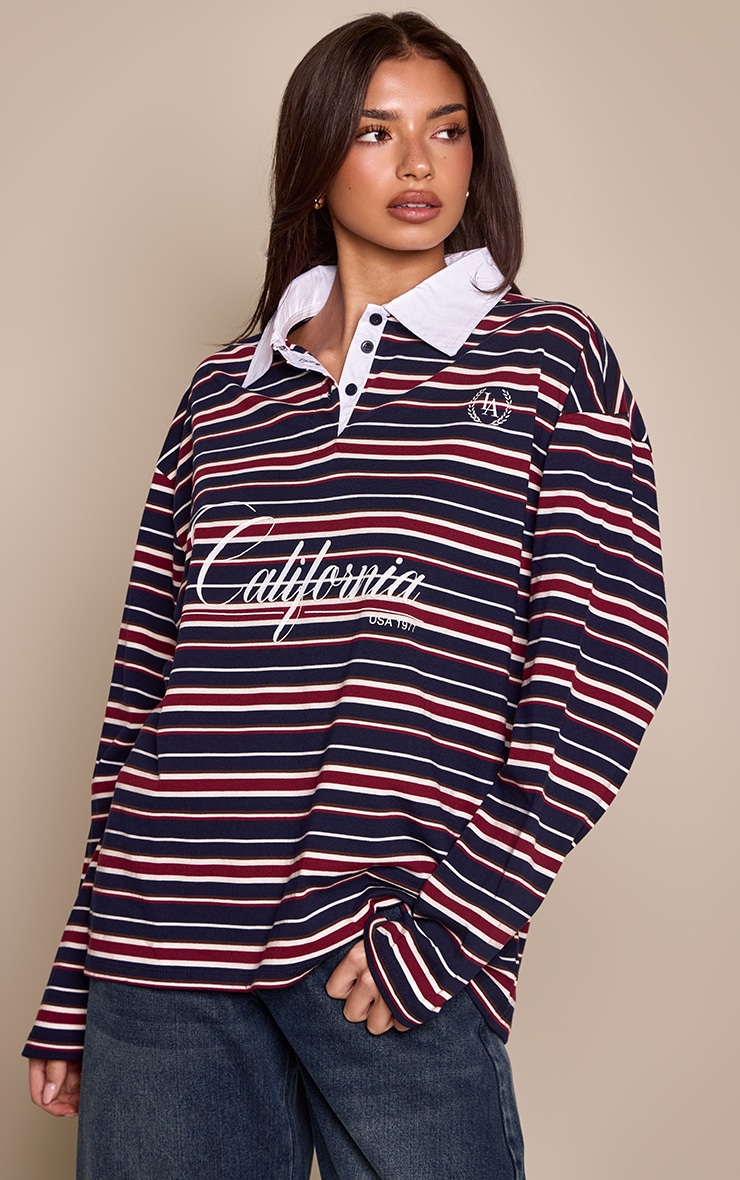 Navy California Print Striped Collar Detail Long Sleeve T-Shirt