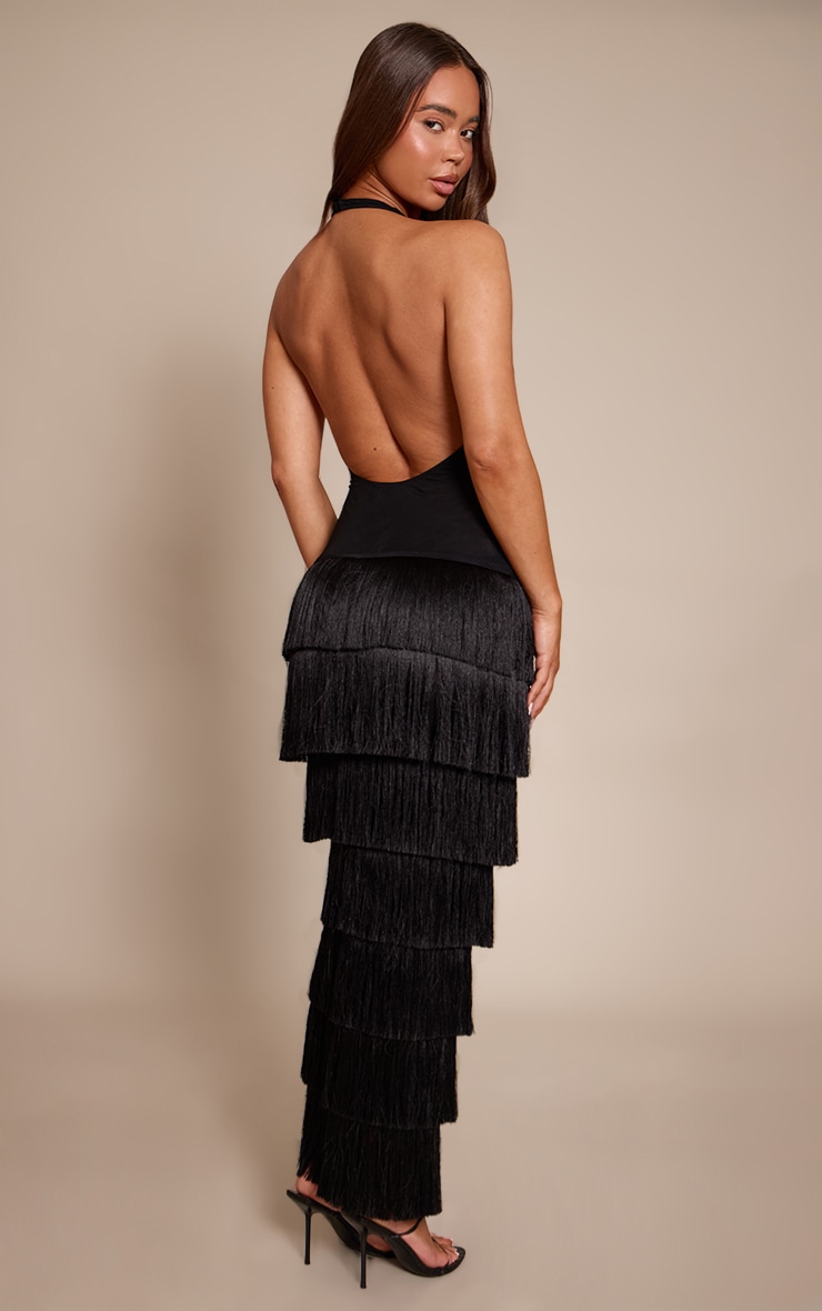 PLT Label Black Mesh Halterneck Fringe Skirt Maxi Dress image 2