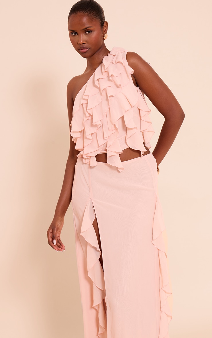 Light Pink Chiffon Frill One Shoulder Top image 1