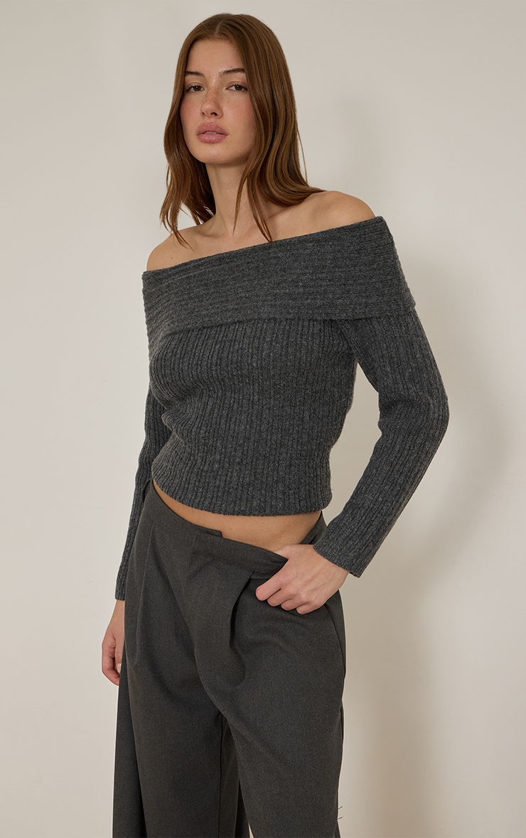 Charcoal Off The Shoulder Knit Long Sleeve Top image 4