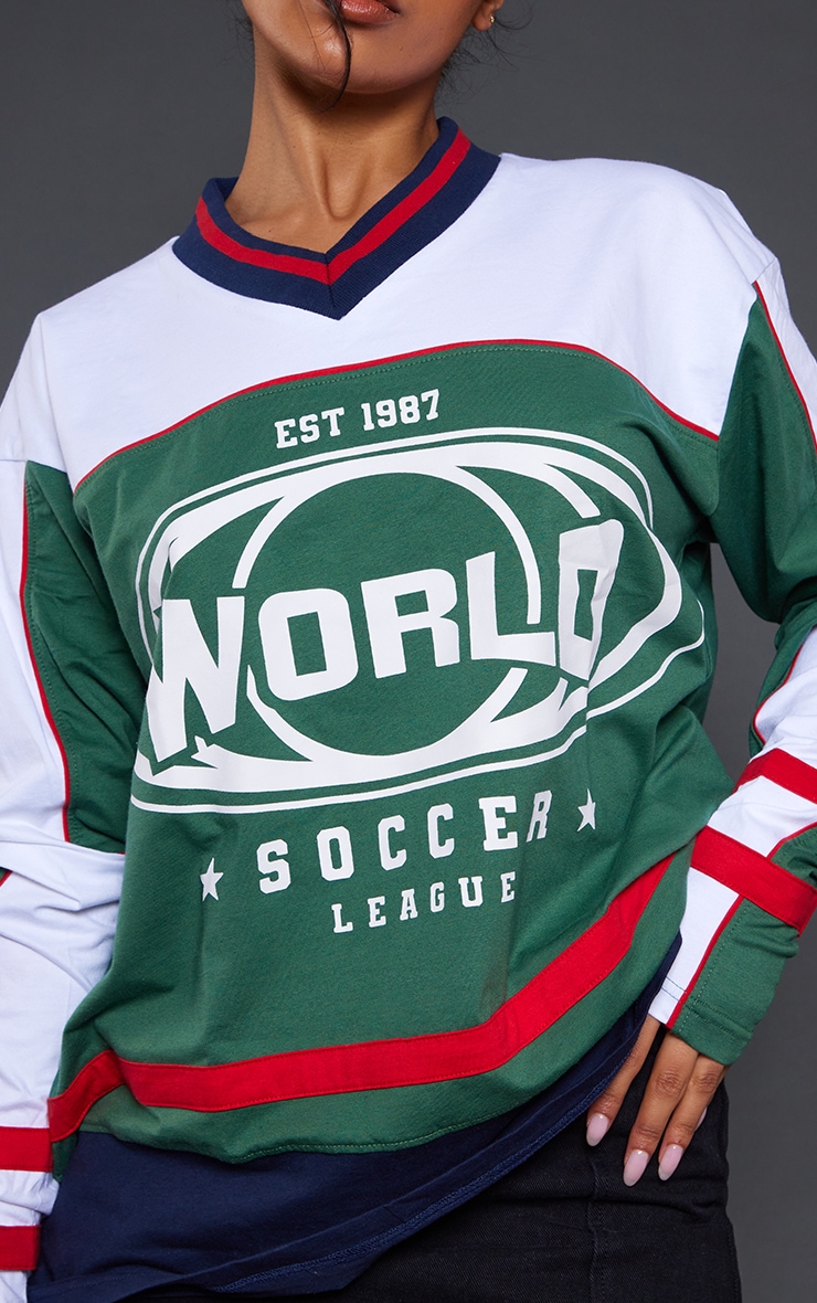 T-shirt manches longues vert foncé imprimé World Soccer League image 4