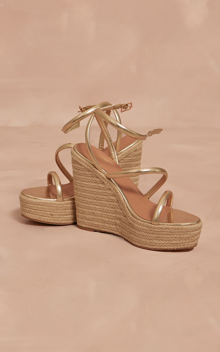 Gold Wide Fit PU Round Toe Asymmetric Strap Platform Heeled Wedges image 4