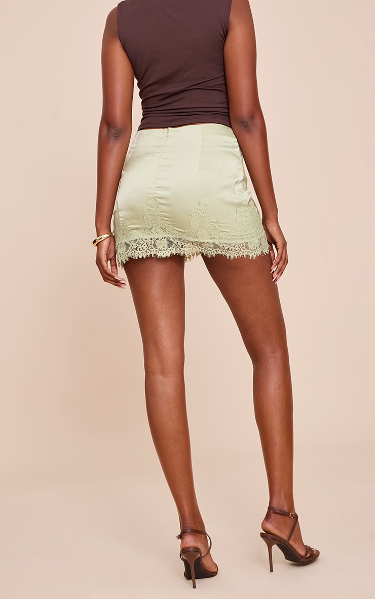Sage Green Satin Lace Trim Mini Skirt image 3