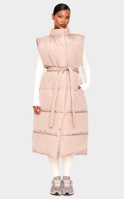 Taupe Quilted Longline Tie Waist Gilet