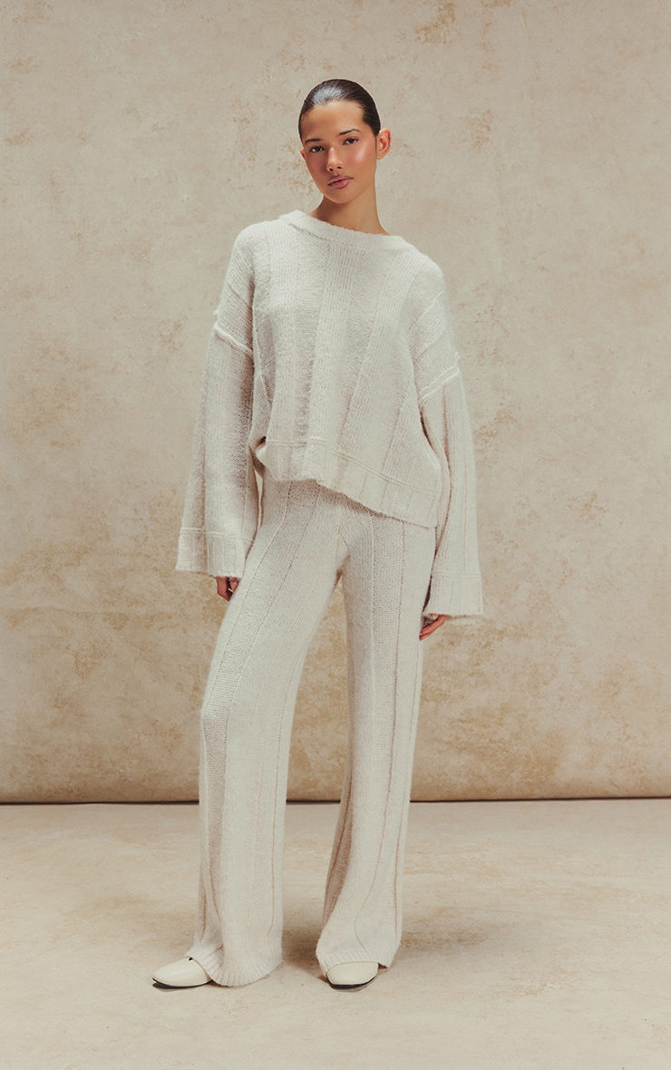 Pull en maille tricot épaisse côtelée avoine à col ras image 1