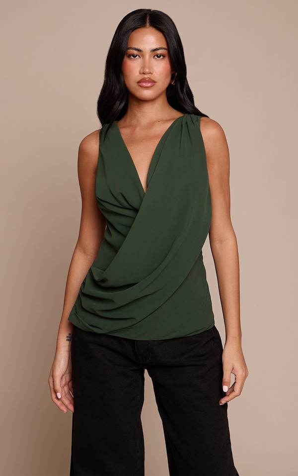 Forest Green Sleeveless Chiffon Drape Top