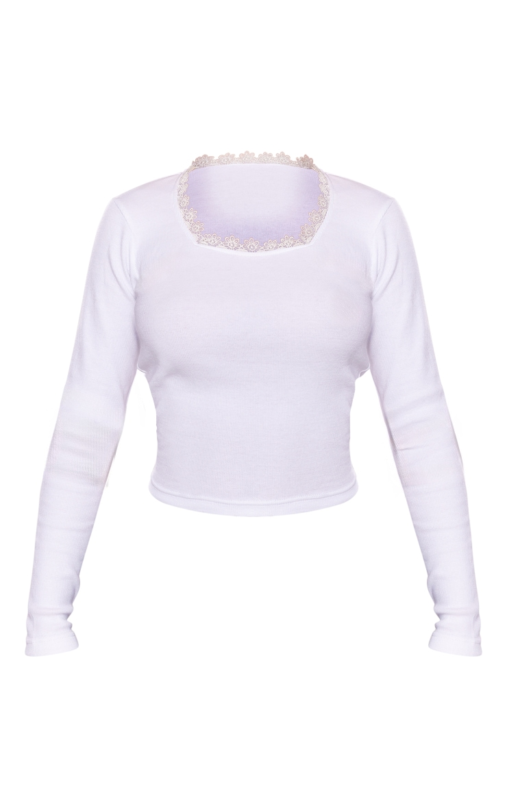 White Ribbed Lace Trim Long Sleeve Top image 5