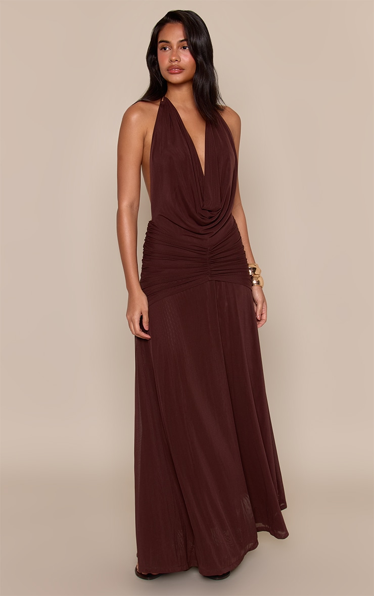 Chocolate Mesh Cowl Neck Ruched Front Maxi Dress image 1