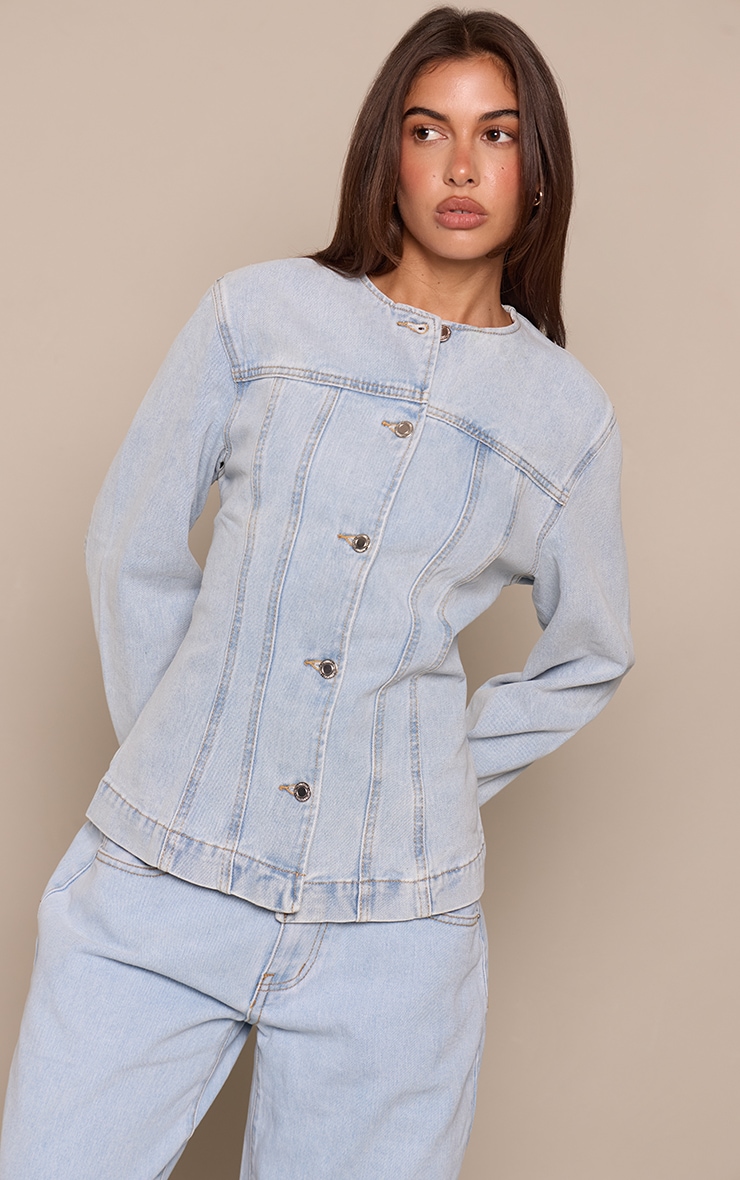 Light Blue Cinched Long Sleeve Denim Jacket