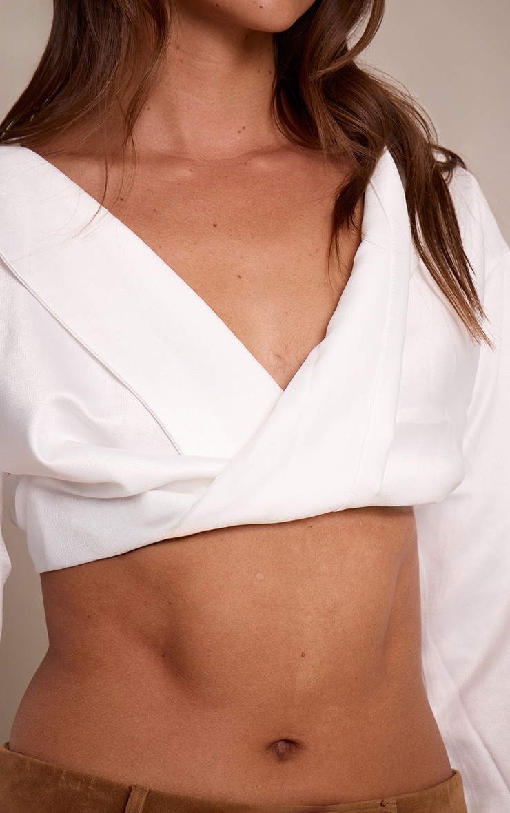 White Satin Bardot Twist Front Crop Blouse image 4