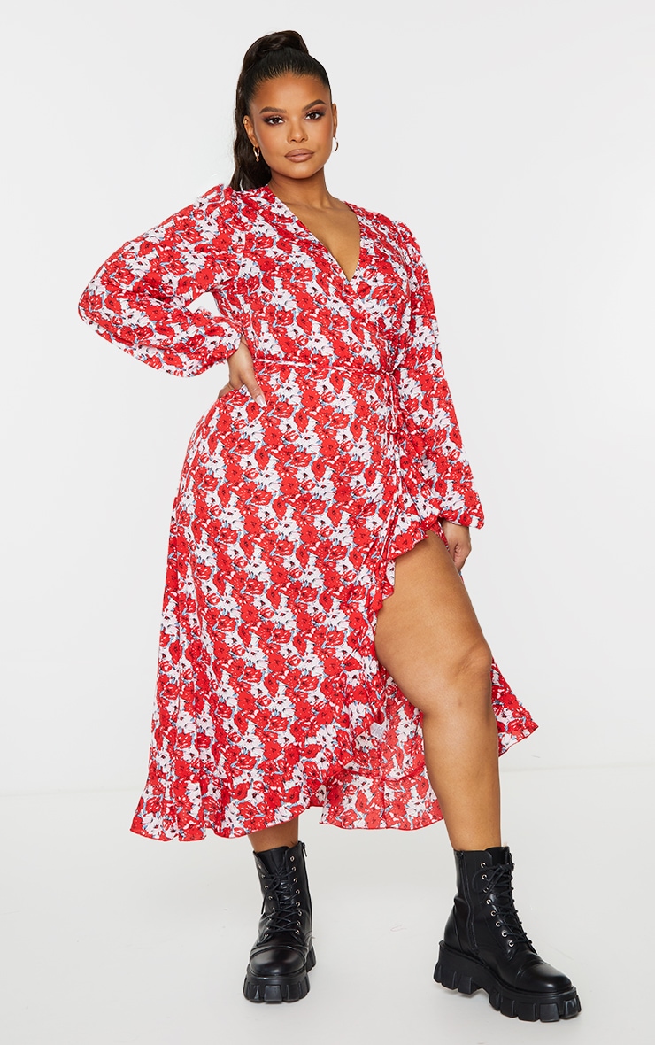 PLT Plus - Robe cache-coeur rouge mi-longue volantée imprimée fleuri