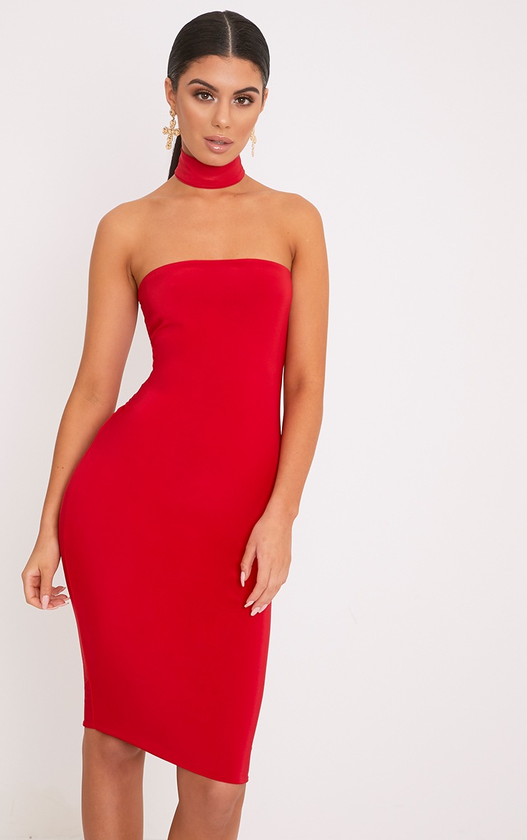 Ilana Red Slinky Choker Neck Midi Dress Dresses PrettyLittleThing IE