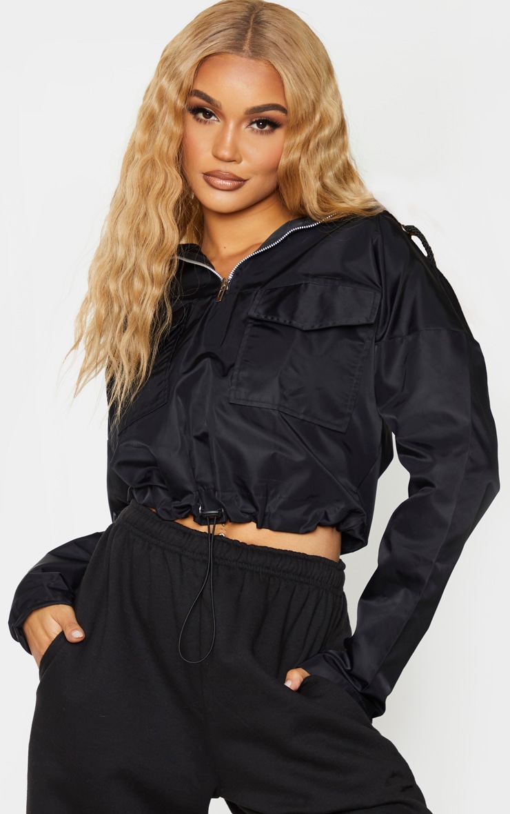 Black Shell Hooded Toggle Hem Jacket