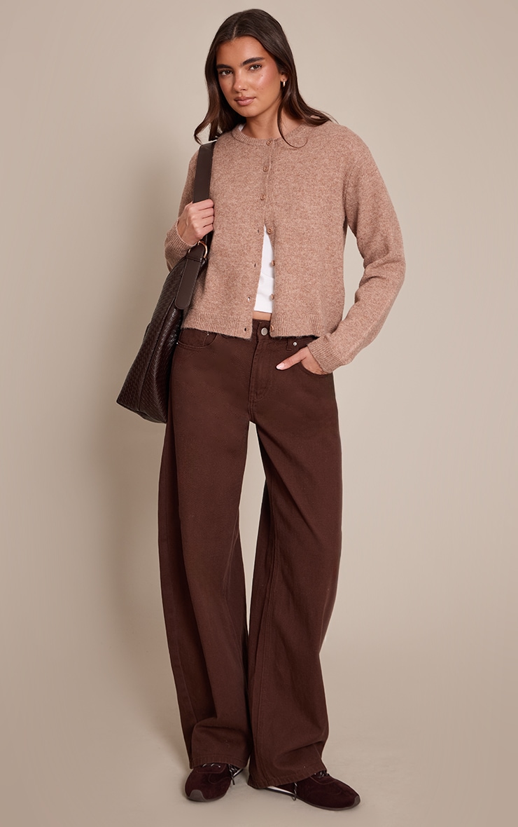 Camel Crew Neck Knit Cardigan image 3