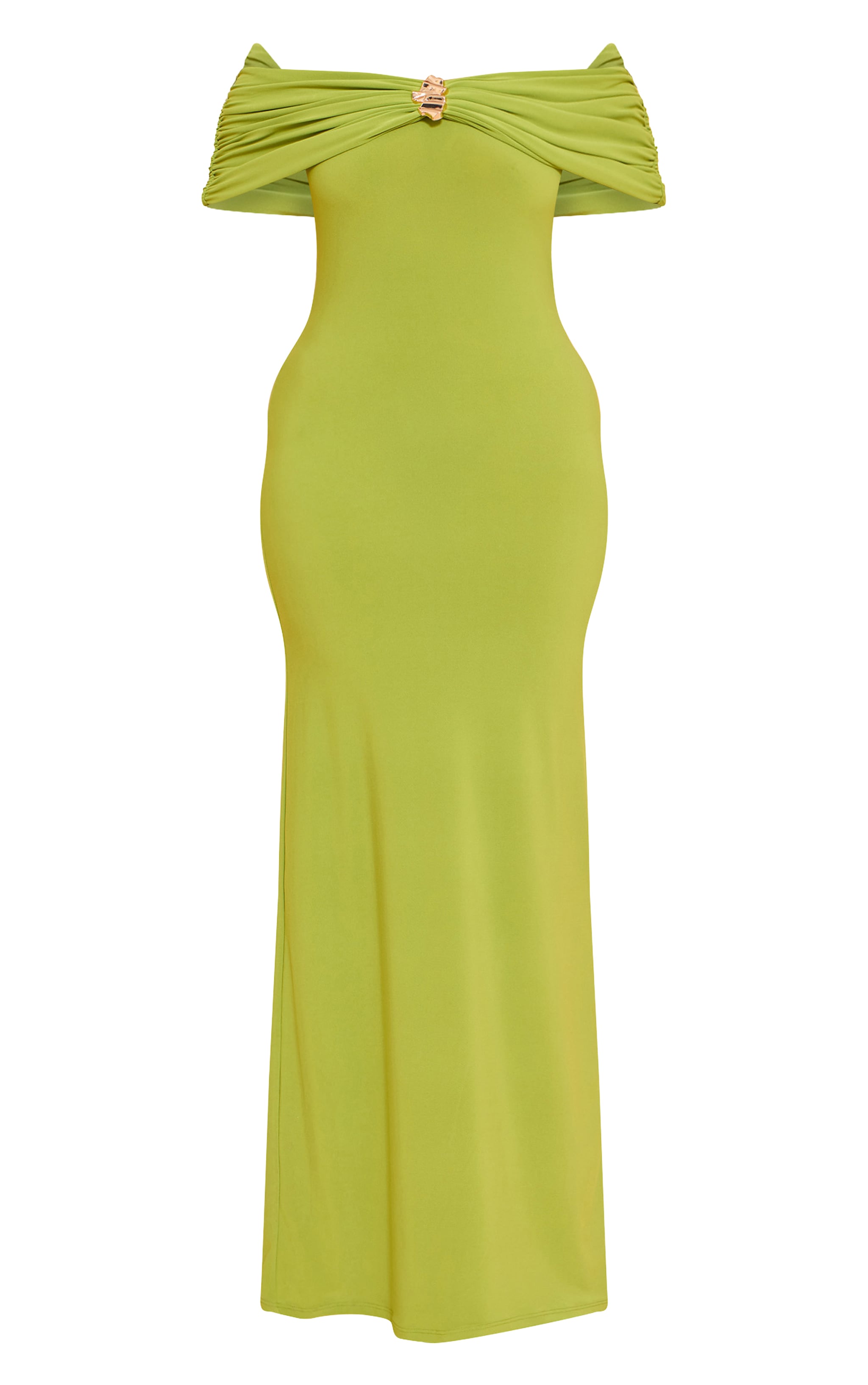 Shape Robe longue vert olive à col bardot replié et empiècement doré image 5