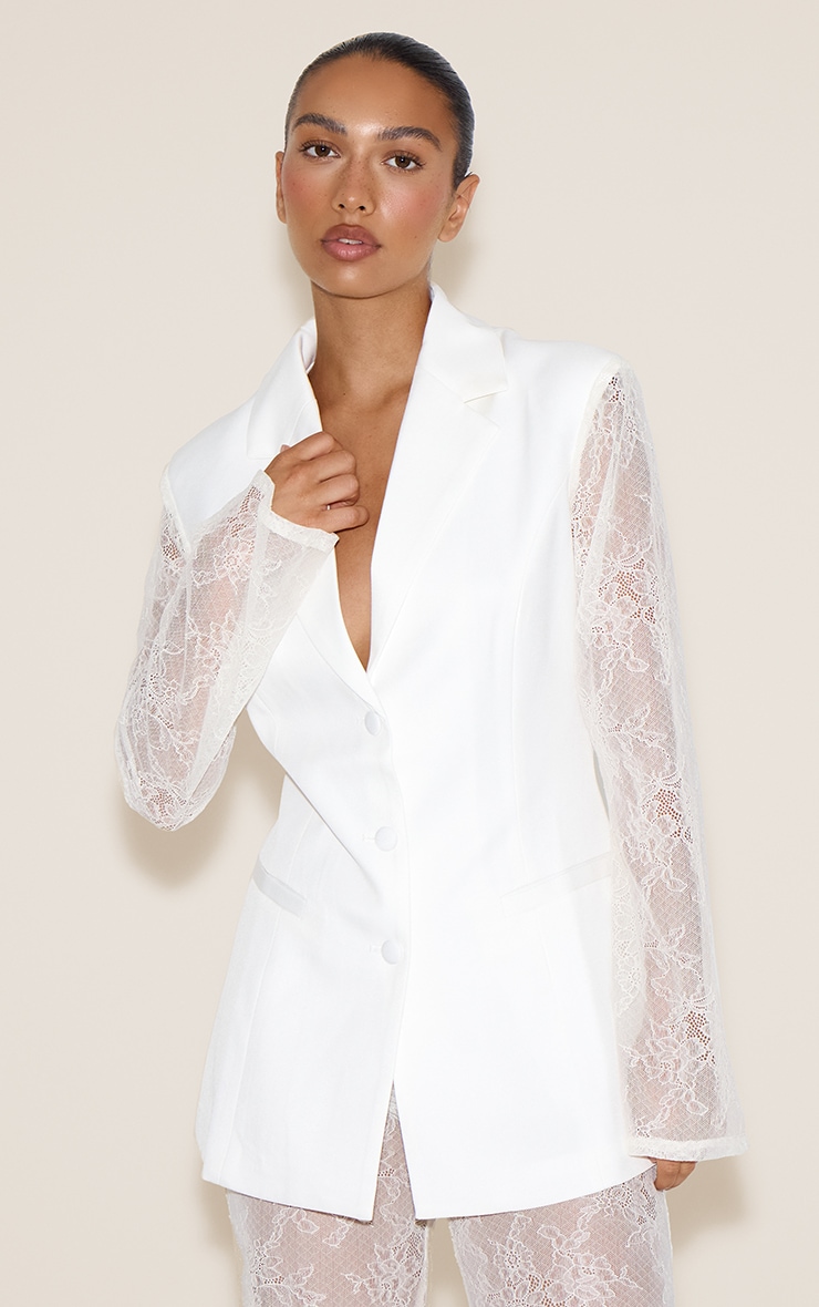 White Woven Sheer Lace Panel Blazer image 4