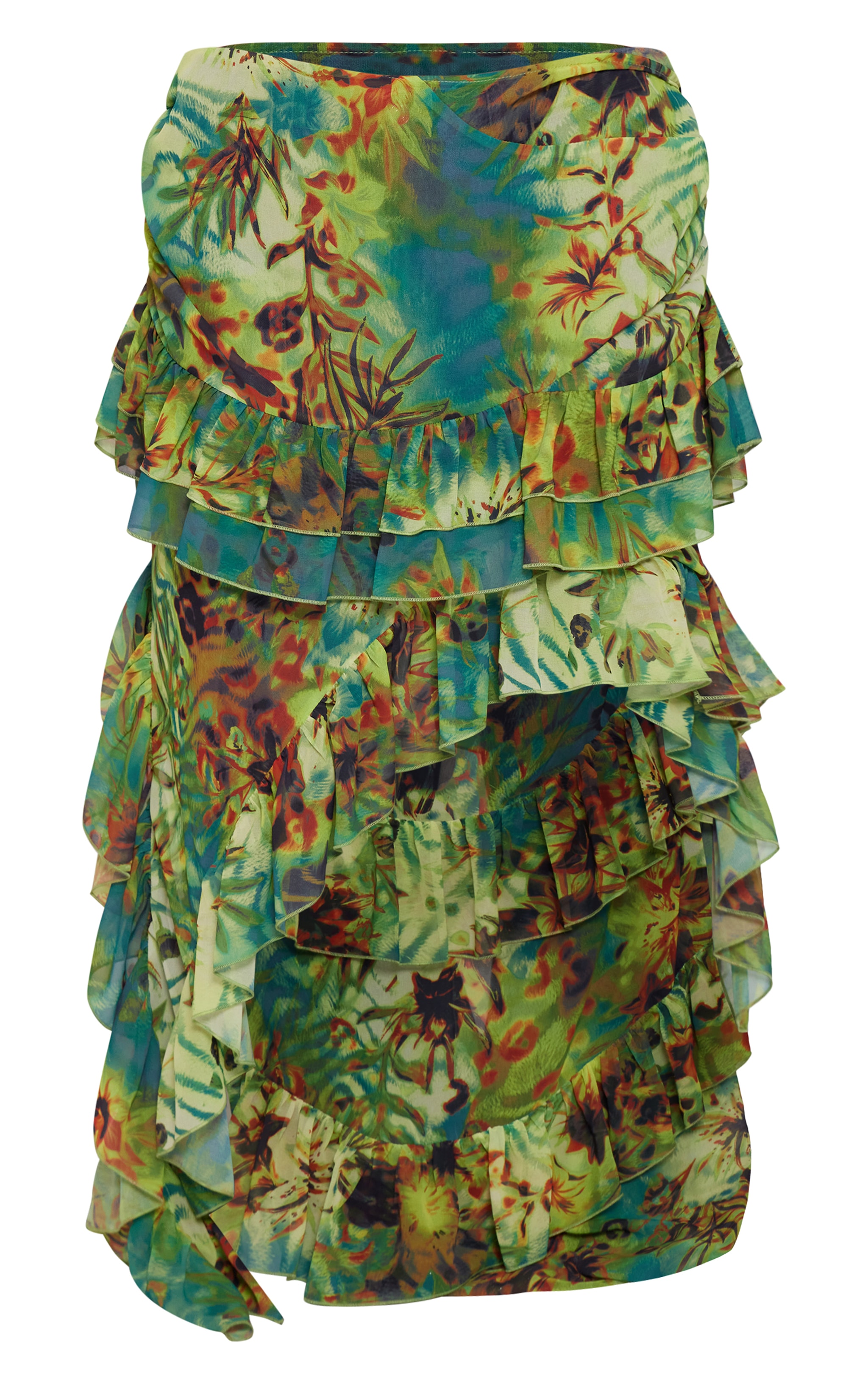 Plus Green Tropical Printed Chiffon Frill Detail Maxi Skirt image 1