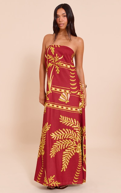 Robe bustier longue tissée rouge profond imprimé palmiers