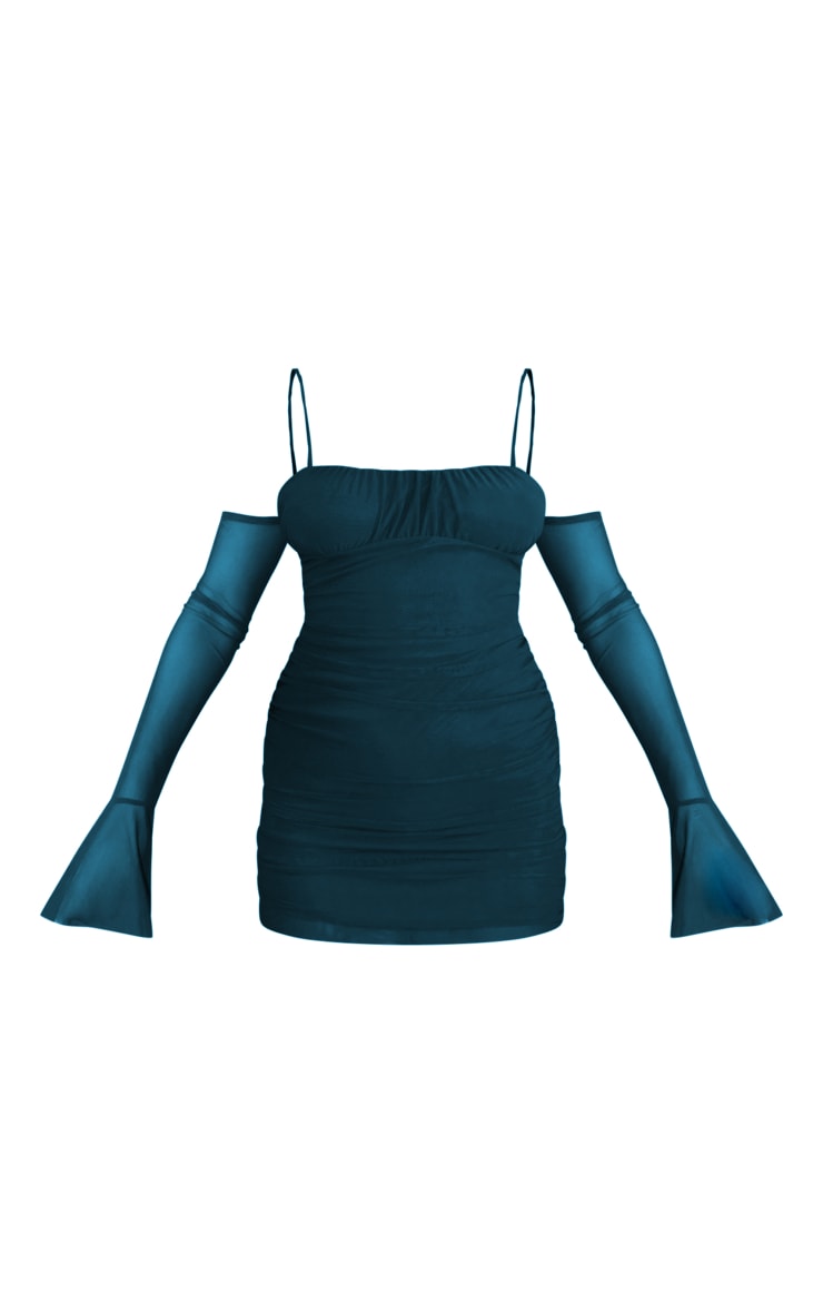 Robe moulante en mesh bleu sarcelle à manches flare et épaules dénudées image 5