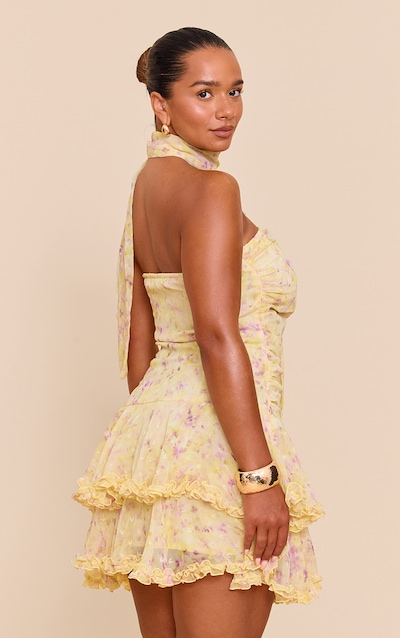 SHAPE Pastel Yellow Chiffon Ditsy Floral Print Tiered Frill mini Dress