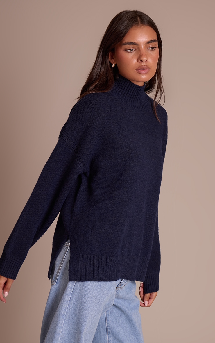 Navy Oversized Polo Neck Knitted Sweater image 4