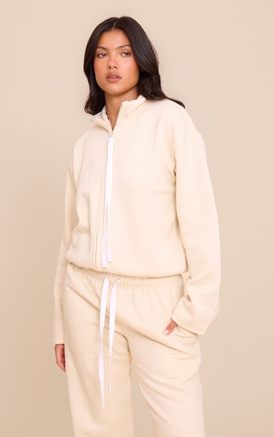 Sweat gris pierre à col cheminée et cordons contrastants