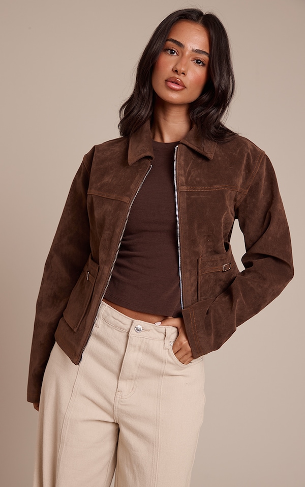 Petite Veste en suédine marron chocolat à poches