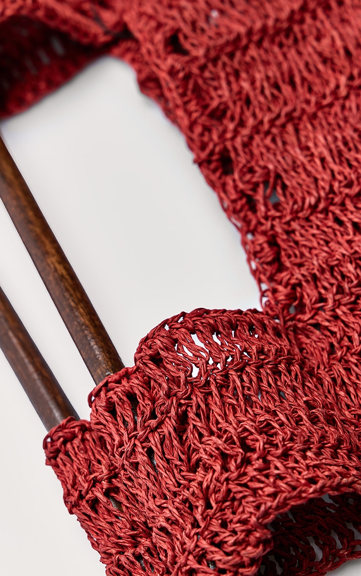 Rust Fringed Raffia Wooden Handle Beach Grab Bag image 5