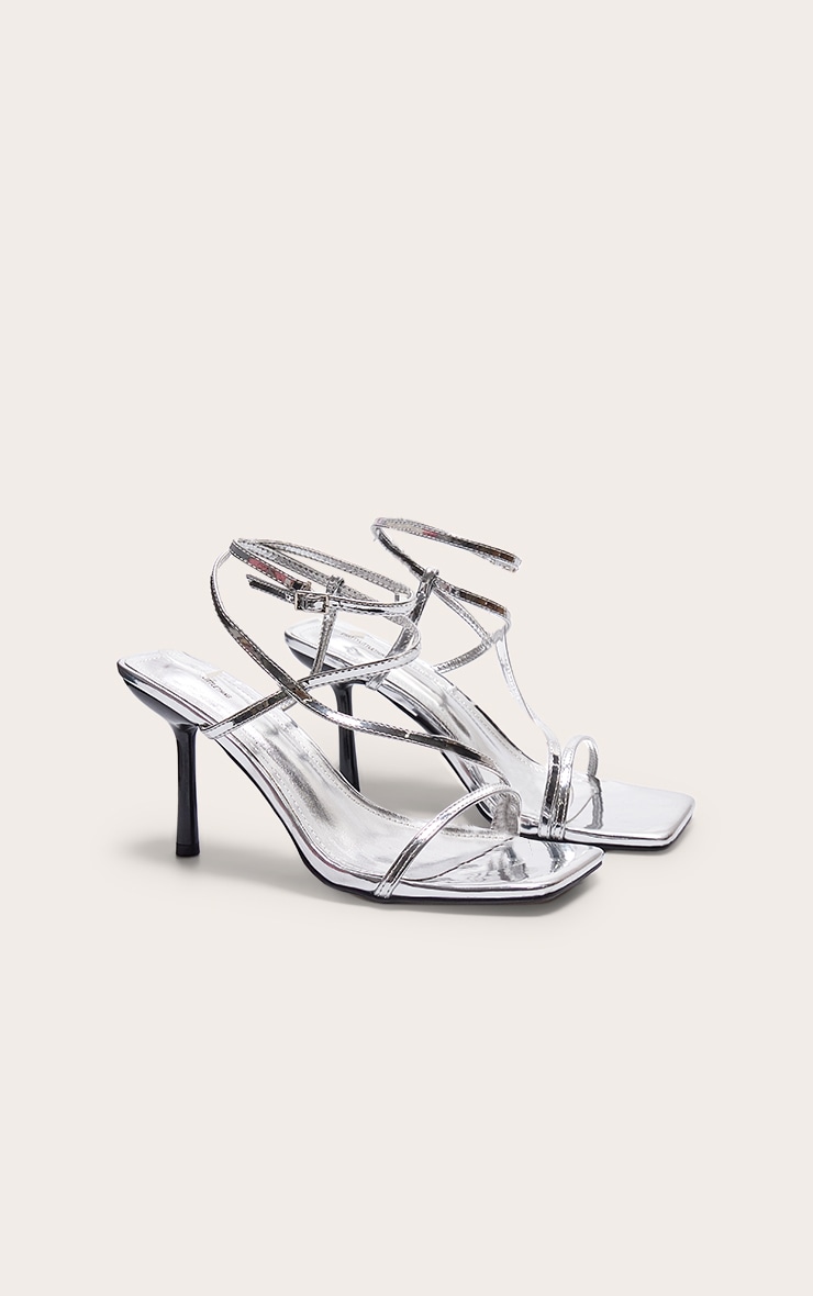 Silver Metallic PU Square Toe Asymmetric Strap Barely There Heeled Sandals image 3