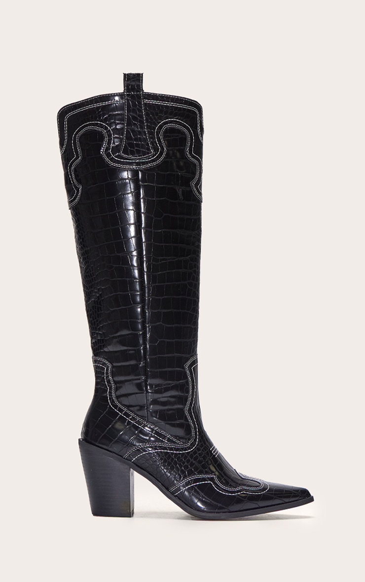 Bottes hautes pointues en PU noir effet croco à talon carré haut et coutures style western image 1