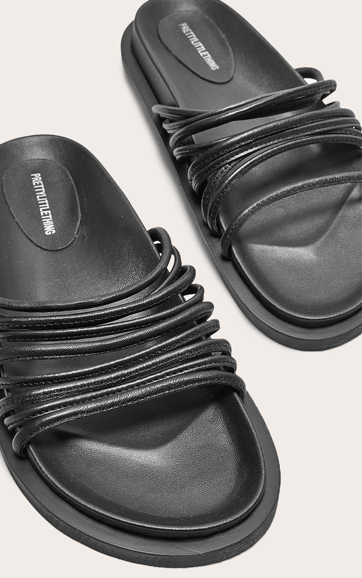 Black Real Leather Round Toe Strap Footbed Sandals