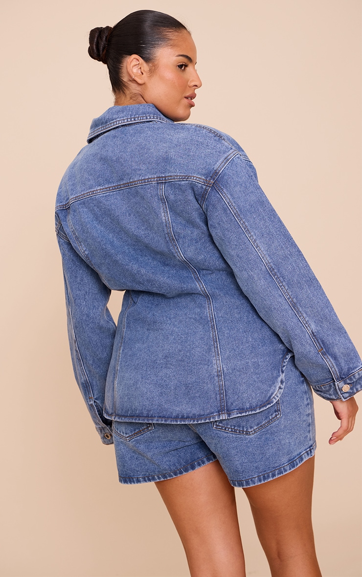 Plus Mid Blue Wash Seam Detail Cinch Waist Longline Shirt image 2