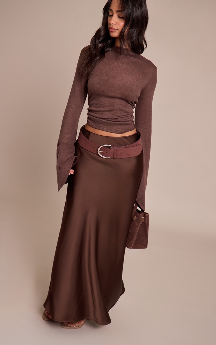 Petite Chocolate Satin Flowy Maxi Skirt image 1