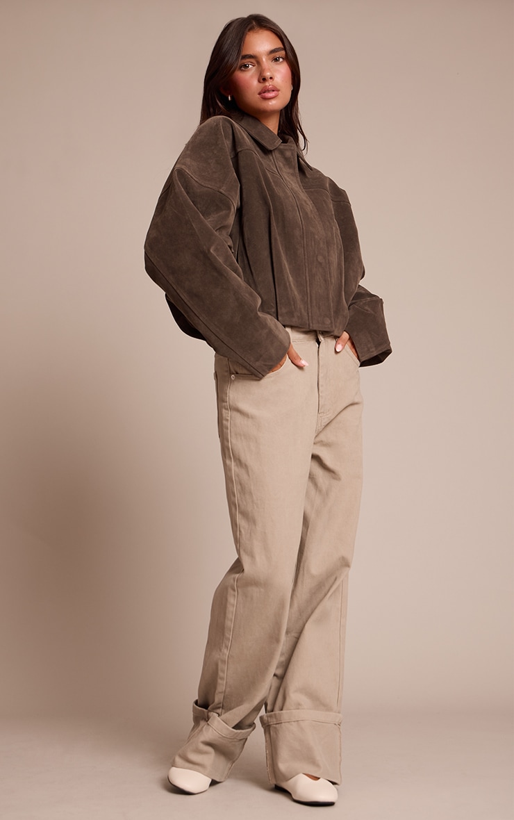 Khaki Faux Suede Covered Placket Bomber Jacket image 3