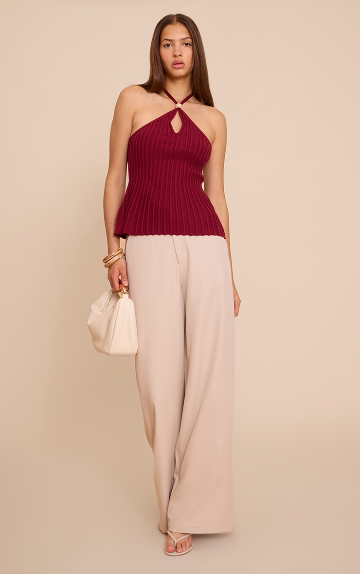 Wine Halterneck Bead Detail Knit Top image 3