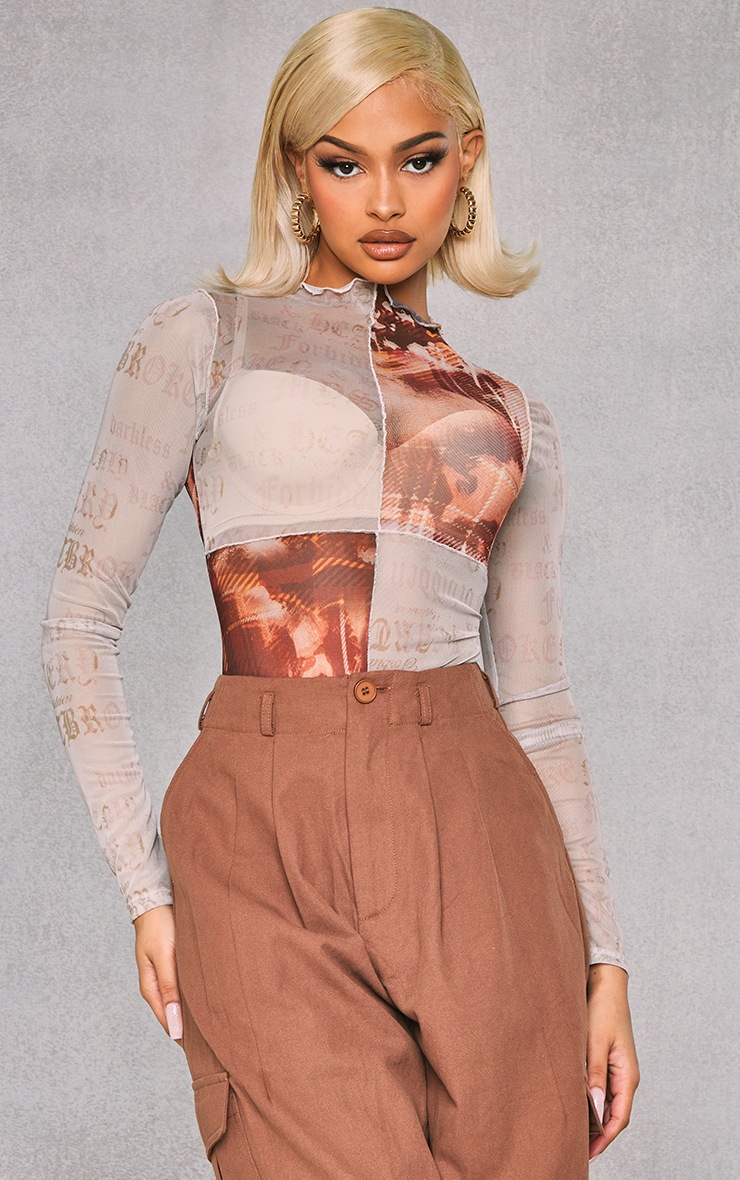 Cream Newspaper Print Mesh Long Sleeve Bodysuit