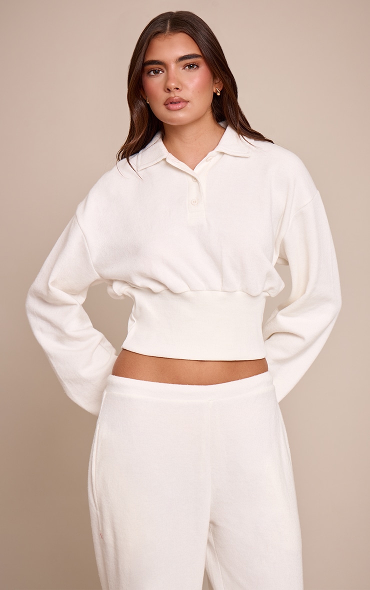 Cream Brushed Rib Cinched Waist Balloon Sleeve Polo Top image 1