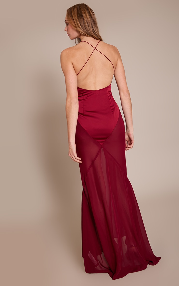 Robe longue satinée prune à col en V et parties contrastantes image 2