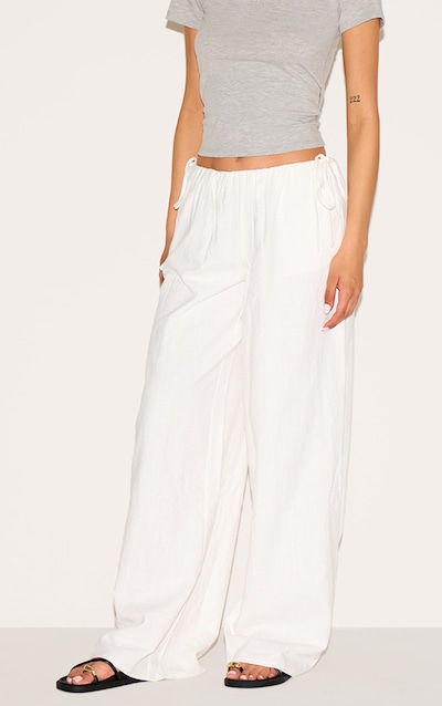 Tall White Premium Linen Look Side Tie Detail Wide Leg Trousers