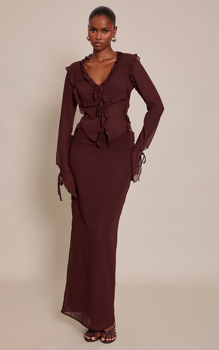 Dark Brown Chiffon Ruffle Tie Front Blouse image 3