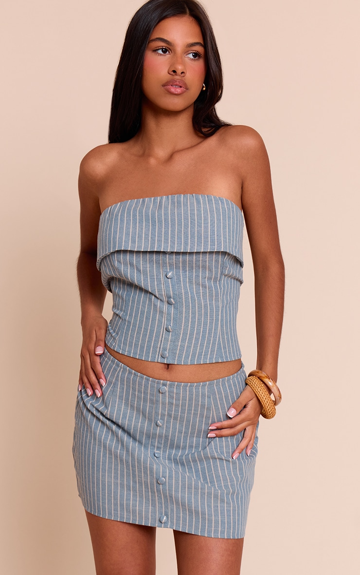 Petite Blue Pinstripe Button Up Bandeau Top image 1