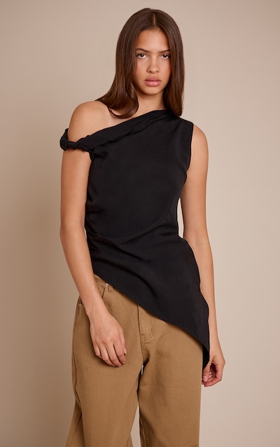 Black Tencel Asymmetric Drape Long Top