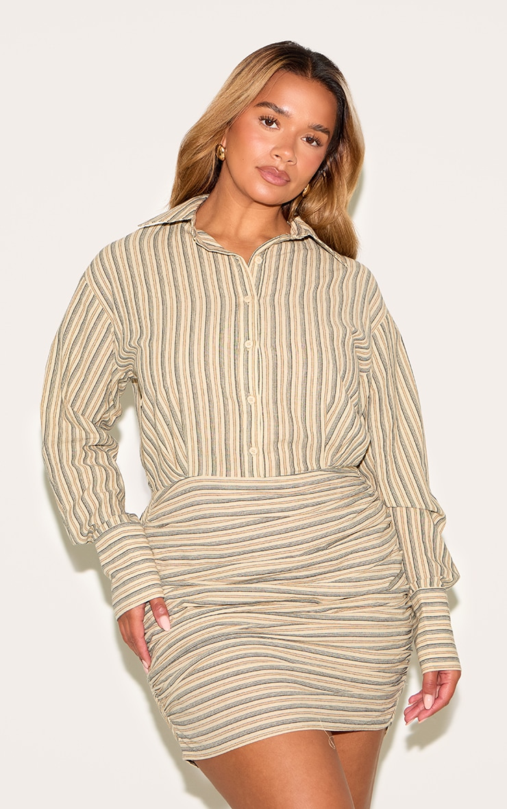 Shape Olive Striped Button Front Ruched Hem Shirt Dress image 1