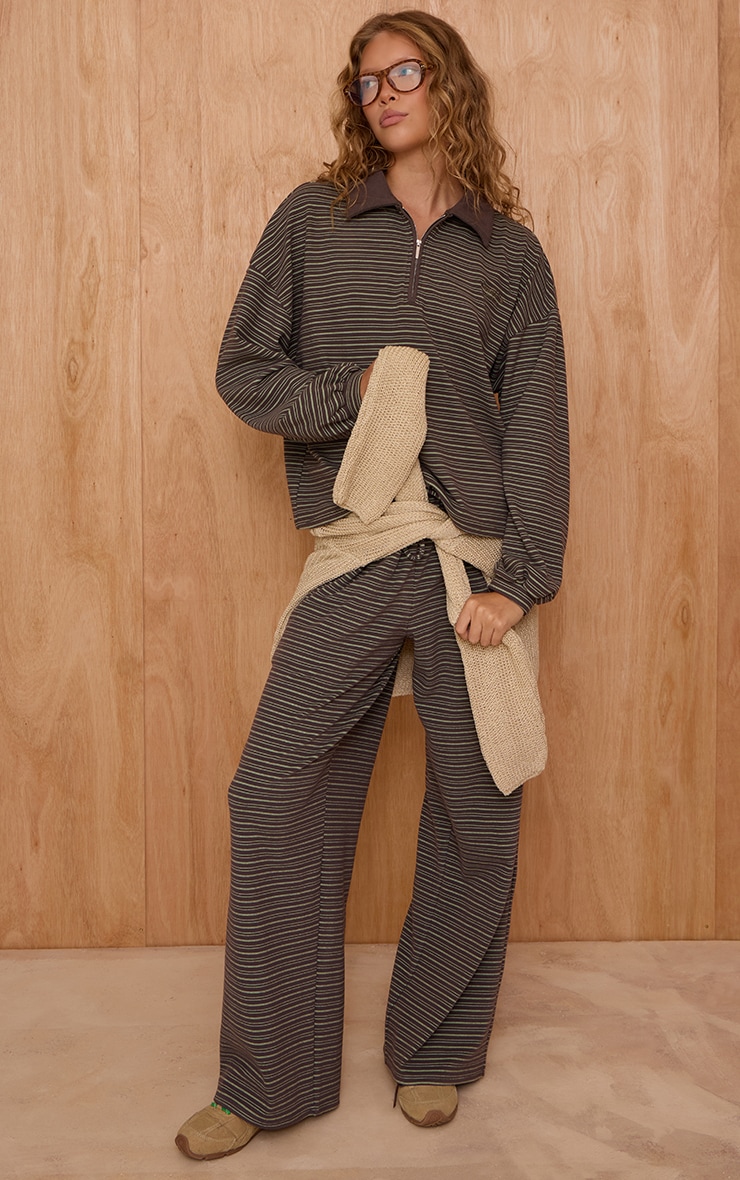 Dark Green Striped Soft Fleece Polo Quarter Zip Sweatshirt image 3